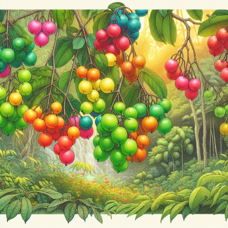 Frutos de pitanga de variados colores colgando de ramas verdes en un entorno de selva subtropical.