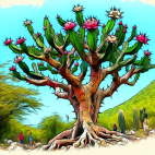 Floración espinosa de un árbol de la piel en una selva baja de México, con detalles de sus hojas verdes y espinas prominentes.