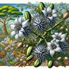 Arbusto espinoso con flores blancas y vainas brillantes en un ecosistema mexicano.
